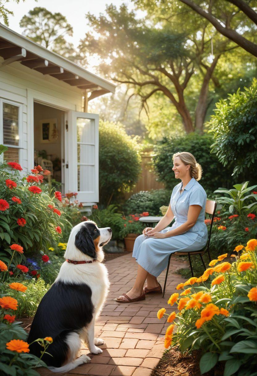 A warm, inviting scene of a Georgia backyard, featuring happy pets playing together. Incorporate a veterinarian discussing spaying and neutering with a pet owner, with an adorable dog and cat close by. Bright flowers and greenery to symbolize health and vitality, and a sun-drenched sky to evoke a sense of community. Emphasize a caring atmosphere. super-realistic. vibrant colors.