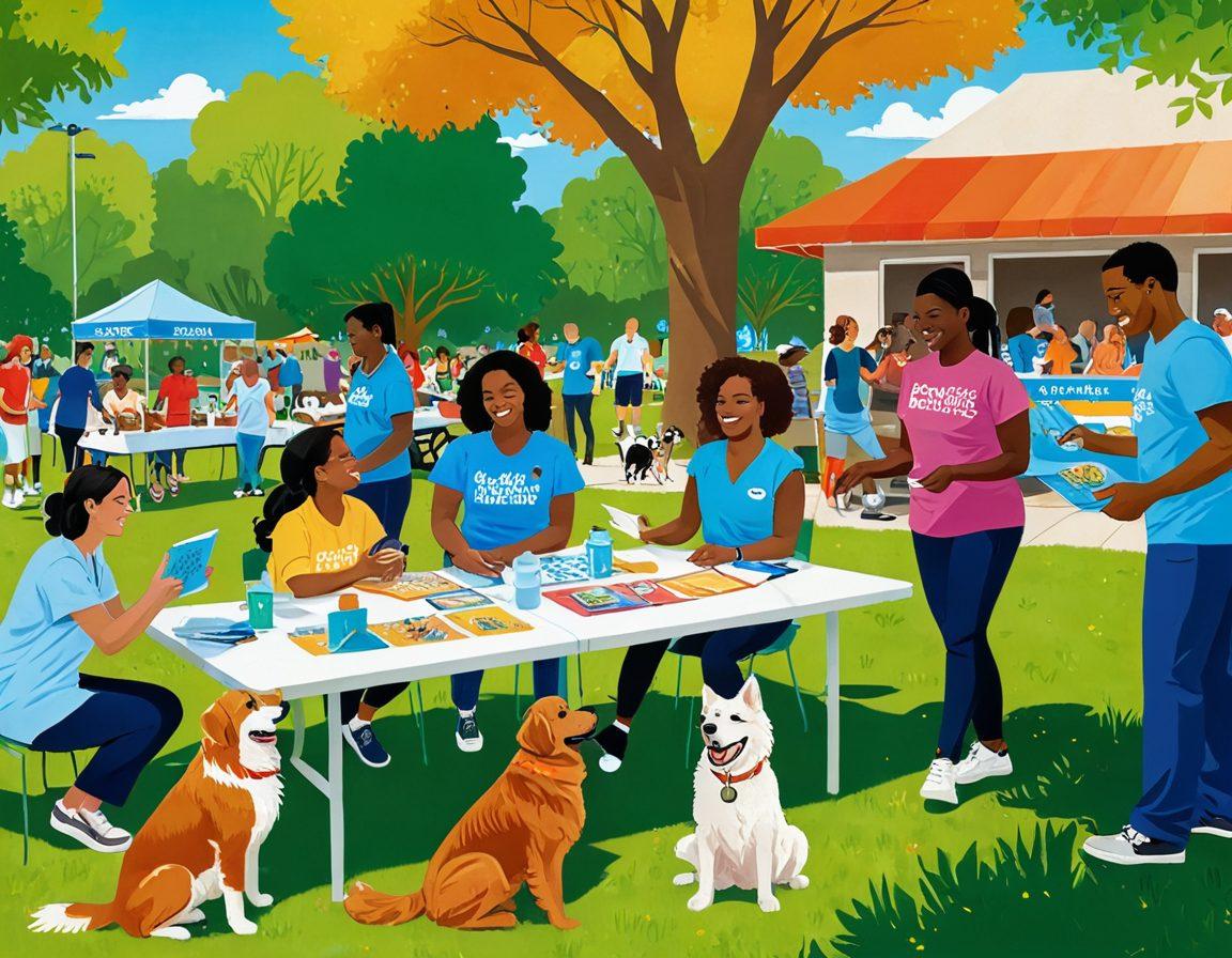 A vibrant community scene depicting a diverse group of people and pets, showcasing a spay/neuter clinic with happy animals in the foreground. Include a table with informative brochures about responsible pet ownership and smiling volunteers interacting constructively with the public. Set against a sunny park background to symbolize a hopeful future for animal rescue and community wellness. cartoon style. bright colors. whimsical elements.