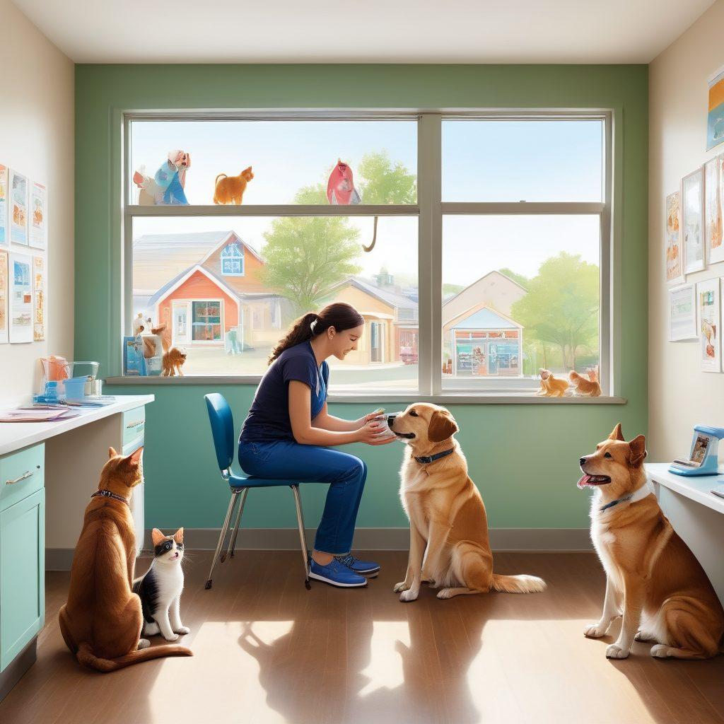 A heartwarming scene of a veterinarian gently comforting a dog and cat in a bright, welcoming clinic, showcasing spay and neuter services. Include diverse pet owners looking relieved and happy, as well as informational posters about spay and neuter benefits on the walls. The image conveys a sense of community and love for pets. colorful illustration. vibrant colors. cheerful atmosphere.